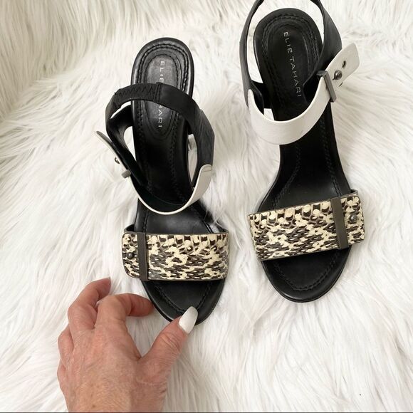 Elie Tahari Black White Snakeskin Heel Sandals 6.5 - Picture 2 of 9